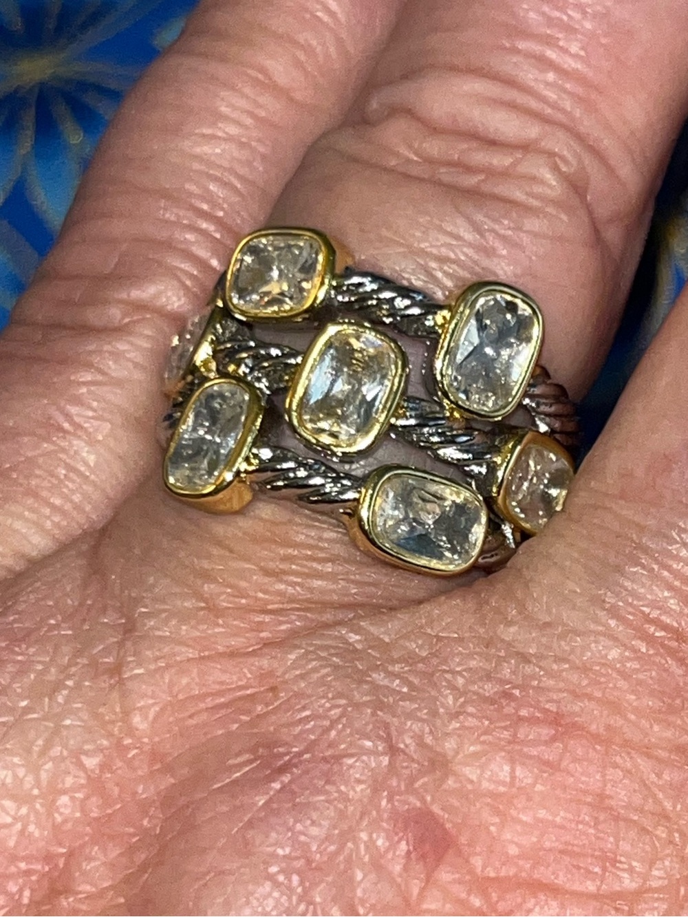 Two Tone Collection Gold/Silver CZ Multi-Row Multi-Shape Statement Ring - Sz 9